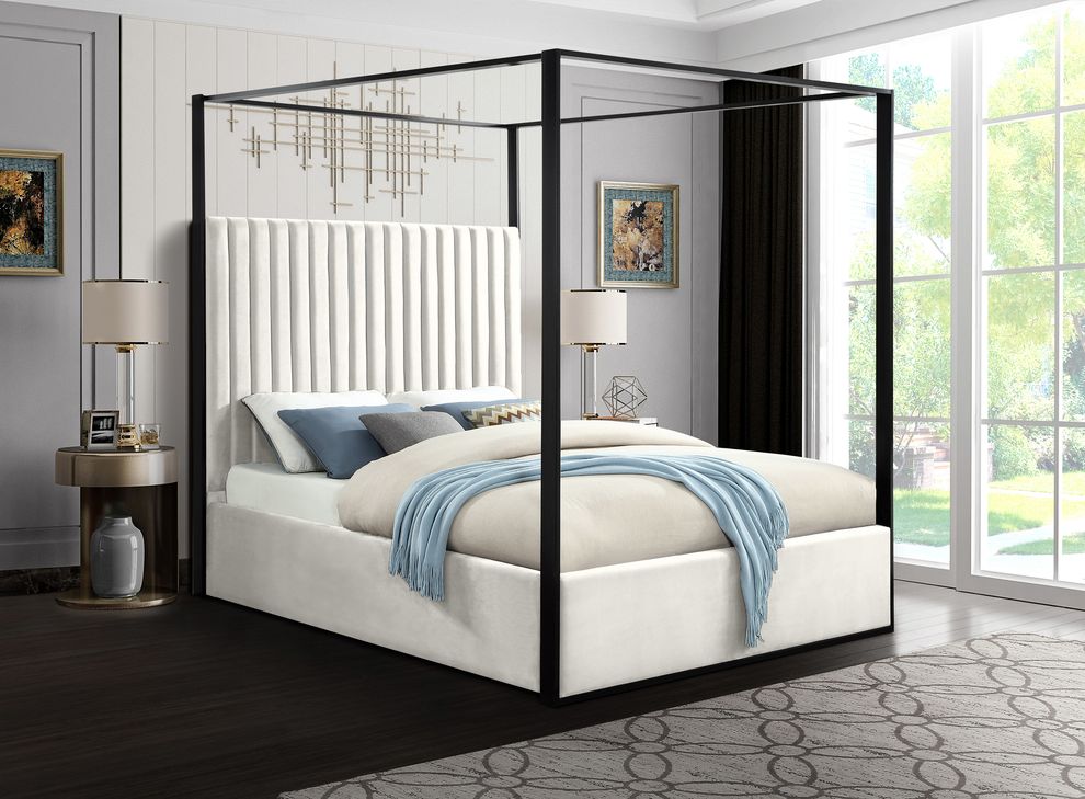 Contemporary velvet canopy queen bed in cream by Meridian