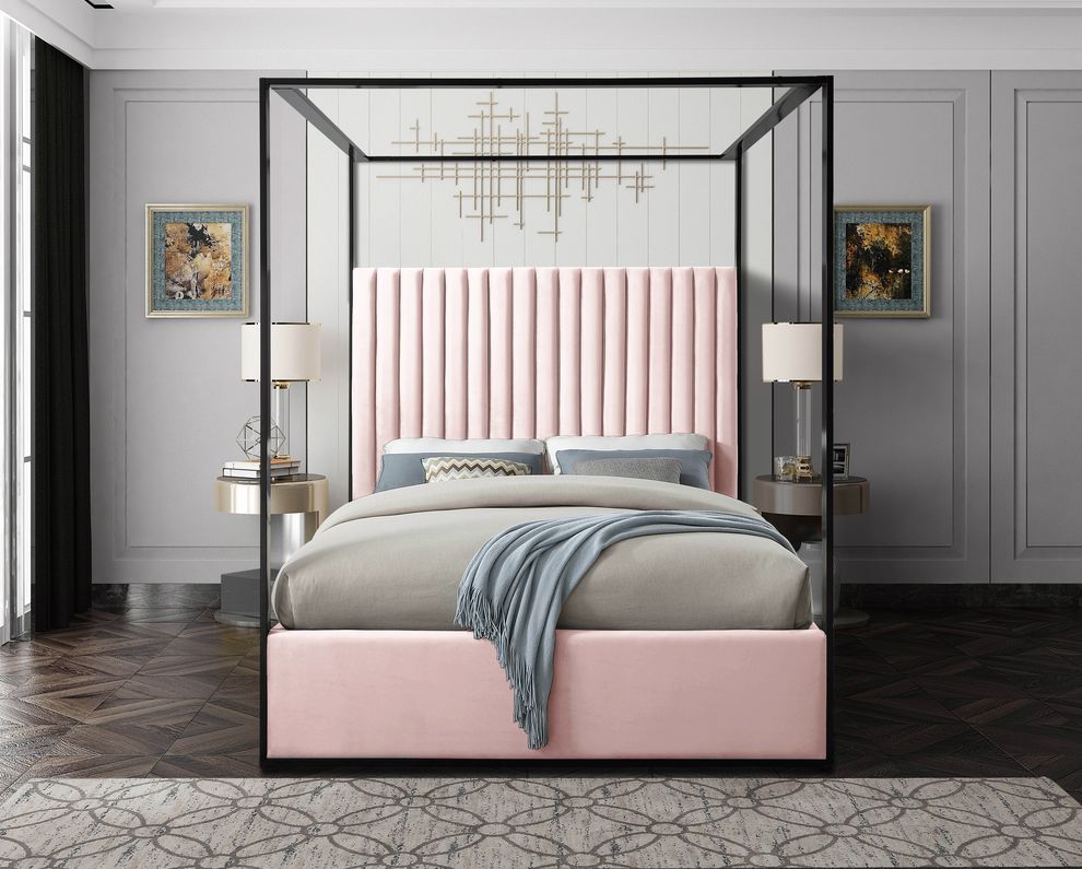 Contemporary velvet canopy king bed in pink by Meridian