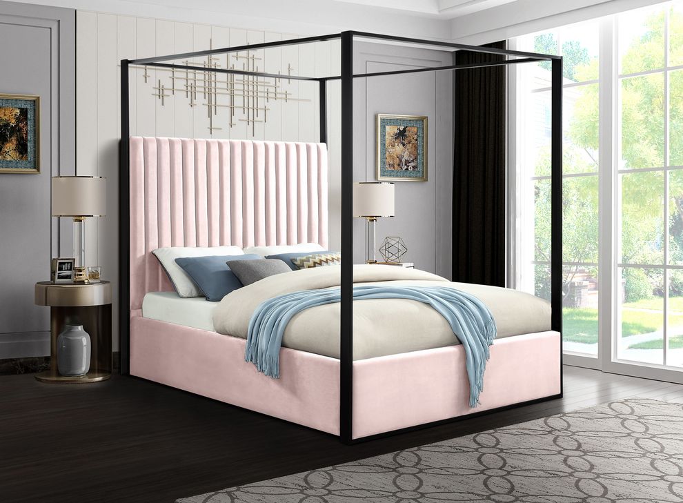 Contemporary velvet canopy queen bed in pink by Meridian