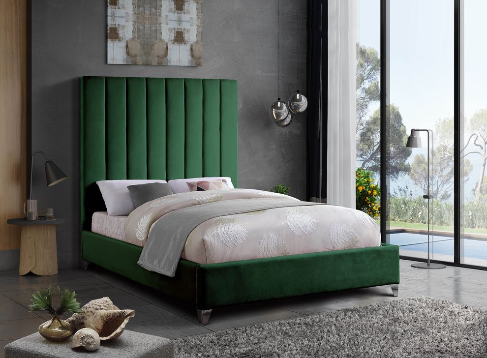 Modern green velvet platform king bed by Meridian