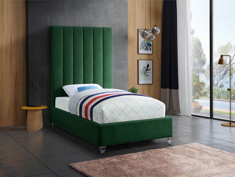 Modern green velvet platform twin bed by Meridian