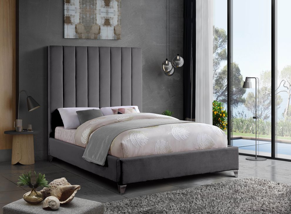 Modern gray velvet platform king bed by Meridian