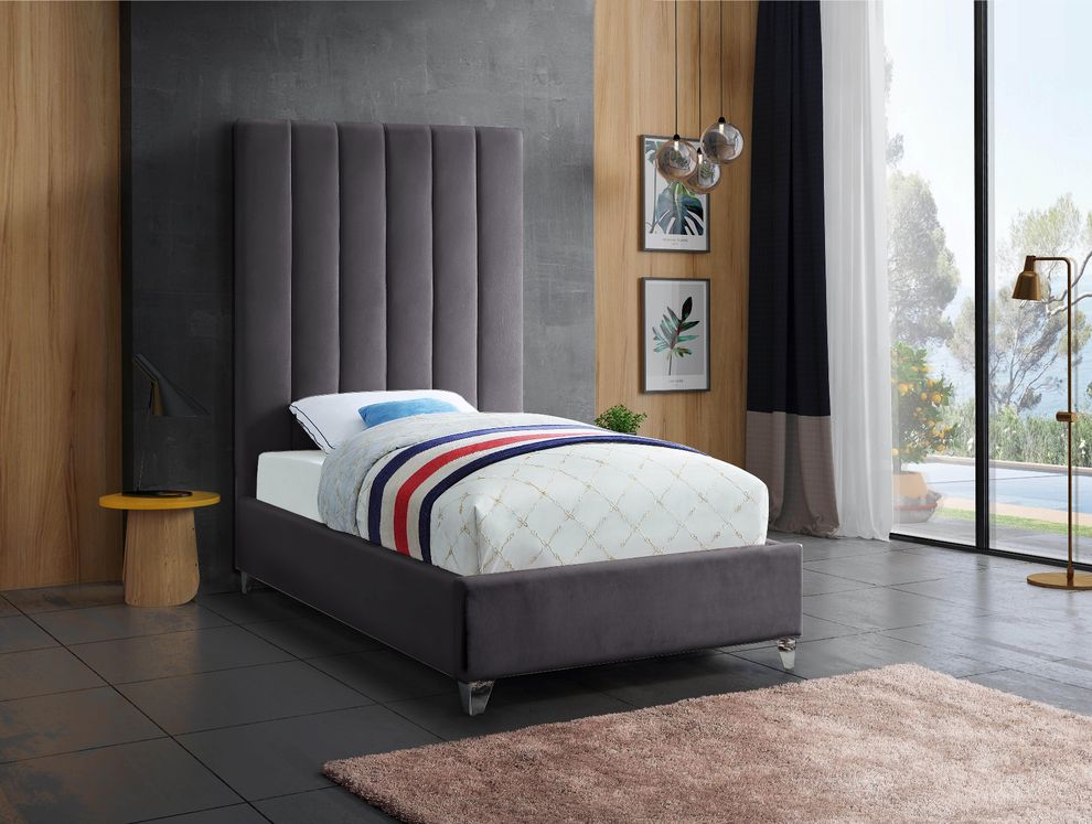 Modern gray velvet platform twin bed by Meridian