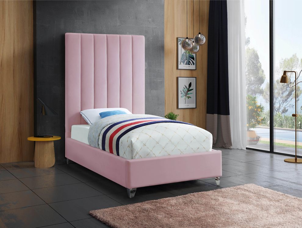 Modern pink velvet platform twin bed by Meridian