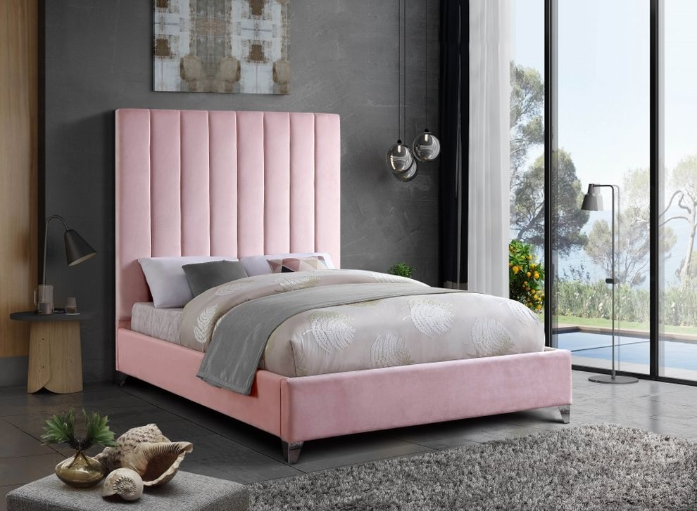 Modern pink velvet platform bed by Meridian