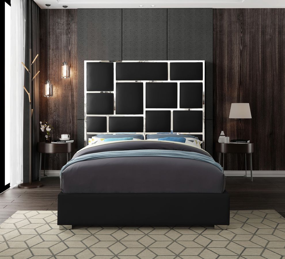 Chrome metal / black leather designer king bed by Meridian