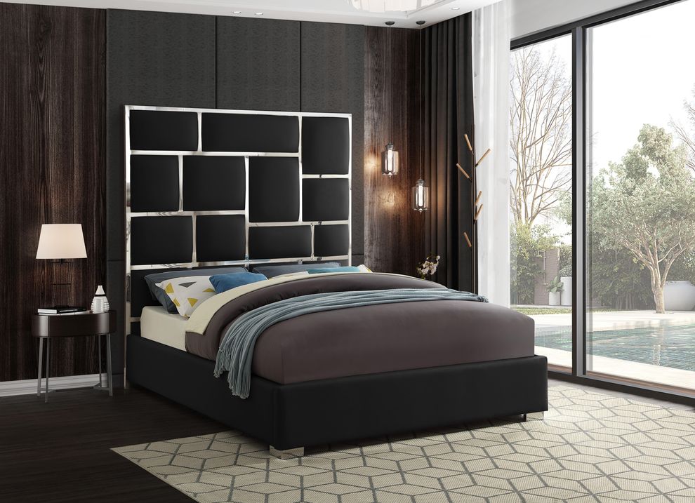 Chrome metal / black leather designer queen bed by Meridian
