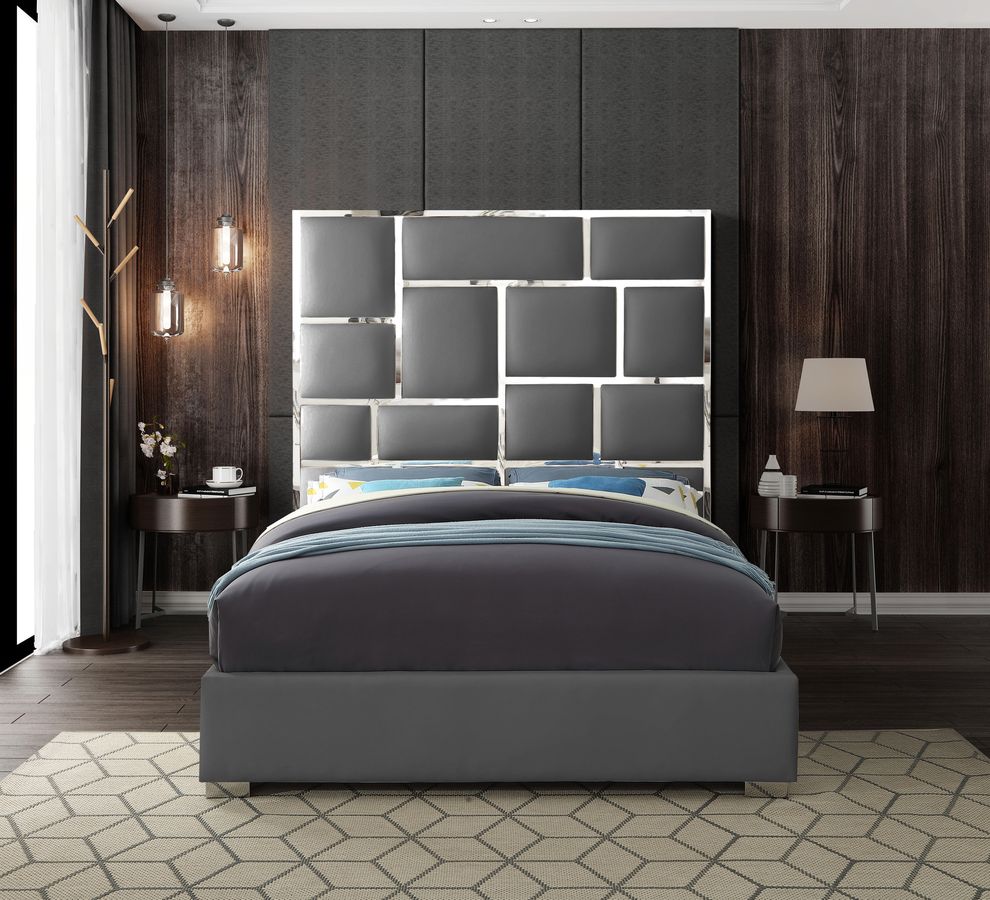 Chrome metal / gray leather designer king bed by Meridian