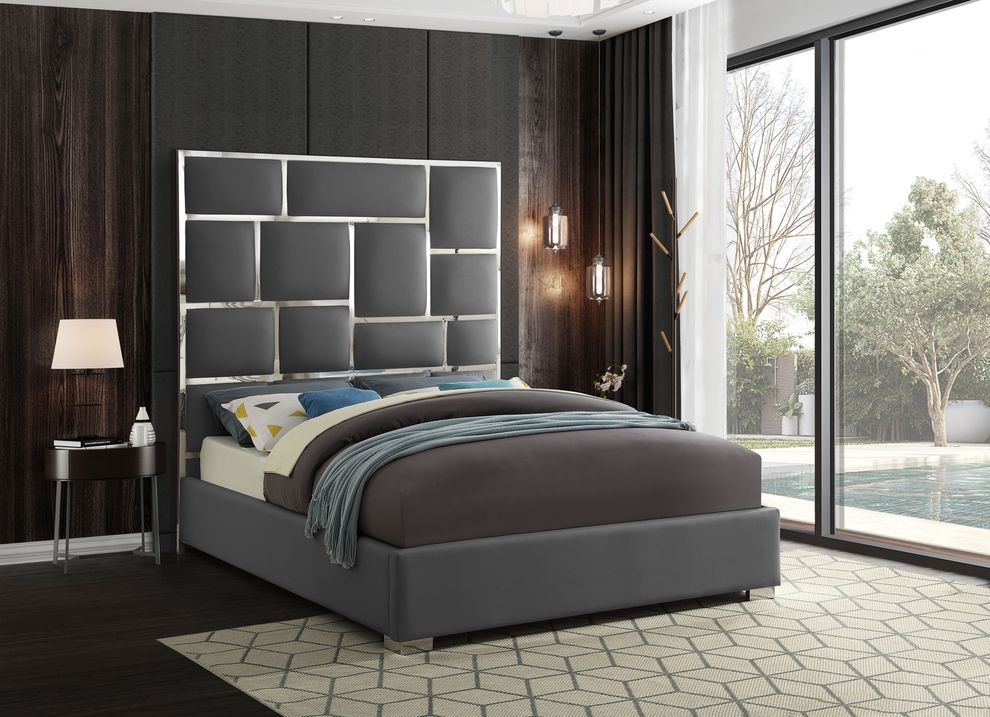 Chrome metal / gray leather designer queen bed by Meridian