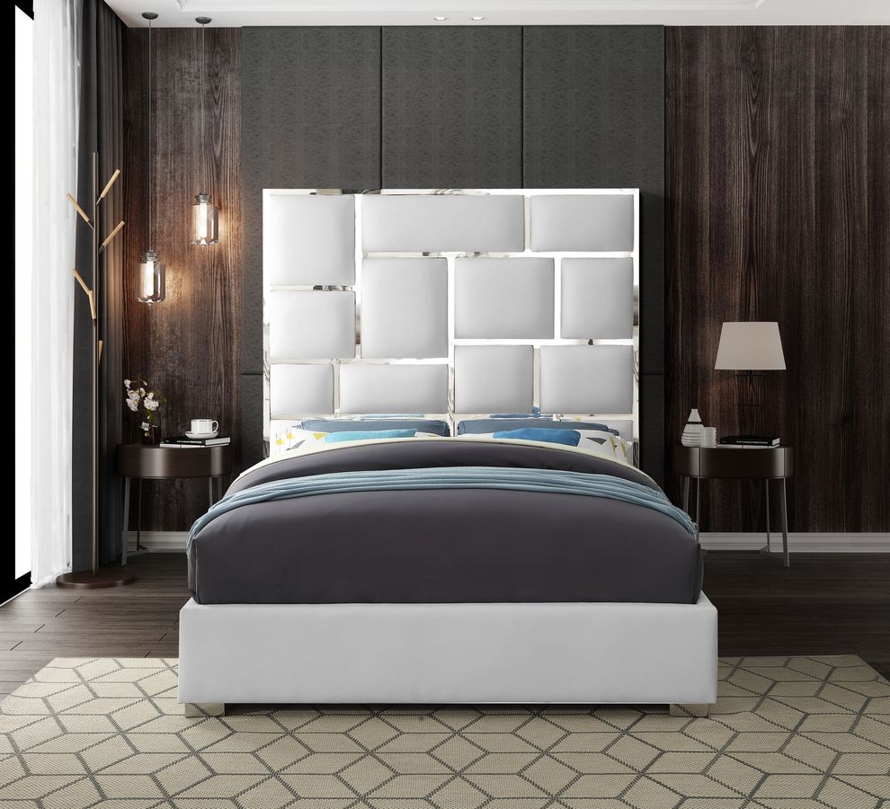 Chrome metal / white leather designer king bed by Meridian
