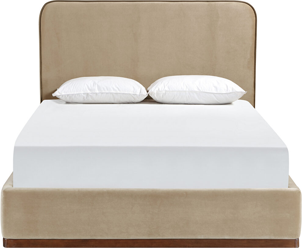 Beige fabric upholstered king bed w/ walnut wood base by Meridian