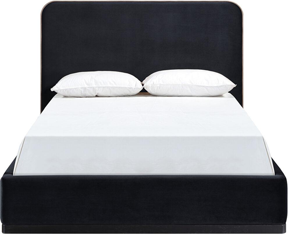 Black fabric upholstered king bed w/ walnut wood base by Meridian