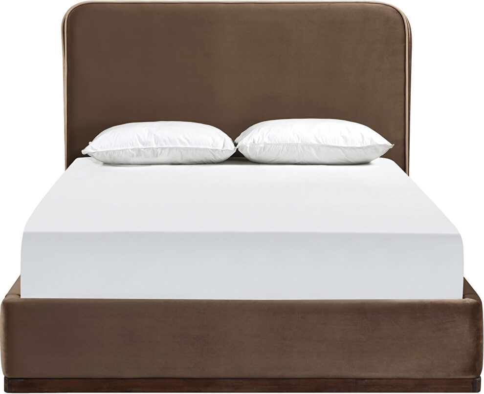 Brown fabric upholstered king bed w/ walnut wood base by Meridian