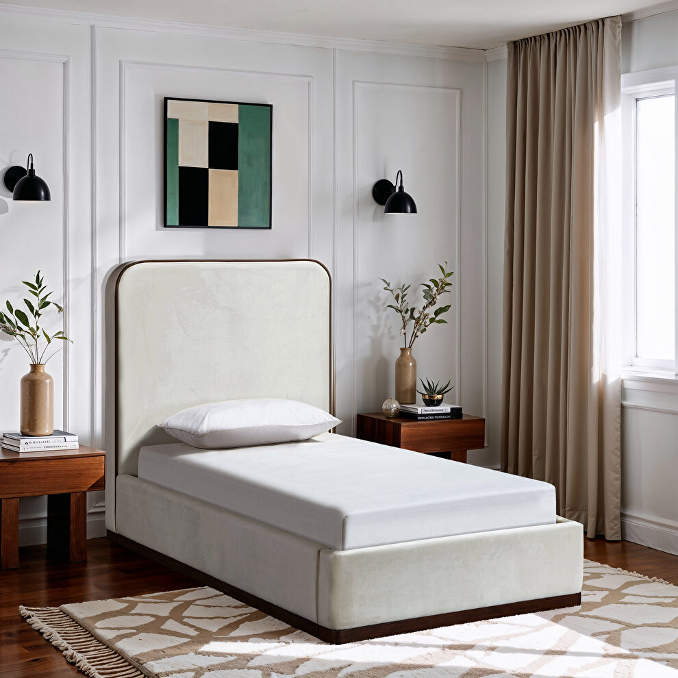 Cream fabric upholstered twin bed w/ walnut wood base by Meridian