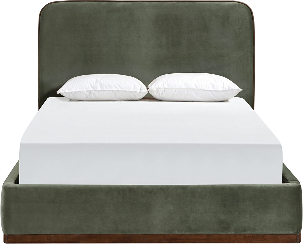 Green fabric upholstered king bed w/ walnut wood base by Meridian