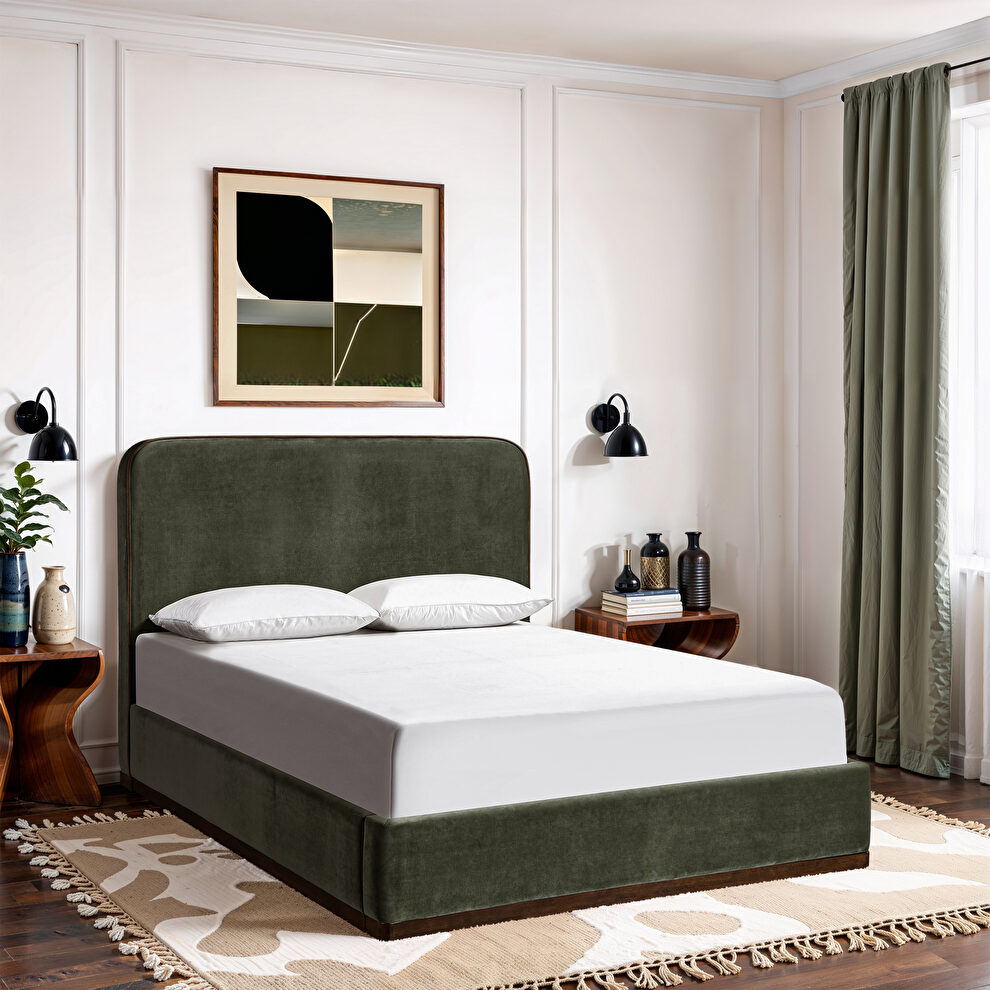 Green fabric upholstered queen bed w/ walnut wood base by Meridian