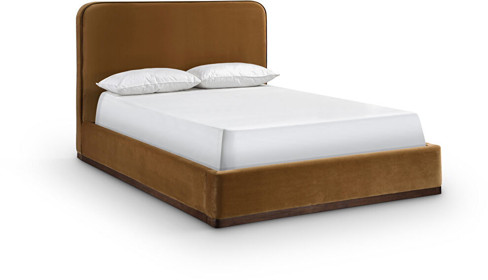 Saddle fabric upholstered full bed w/ walnut wood base by Meridian