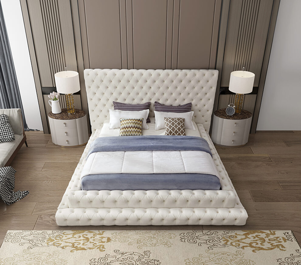 Cream velvet tiered design tufted contemporary king bed by Meridian
