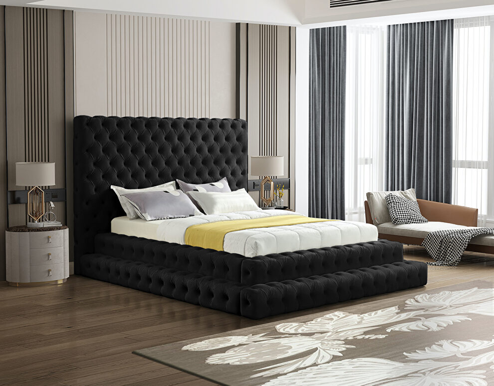 Black velvet tiered design tufted contemporary bed by Meridian