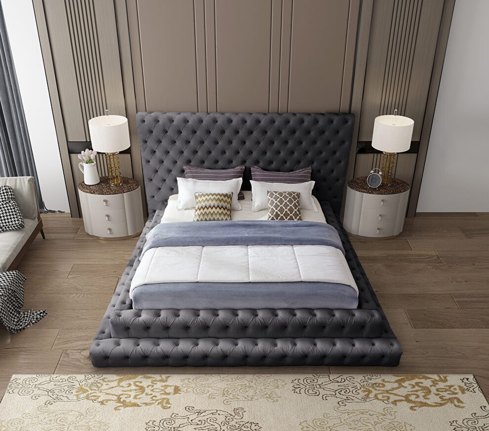 Gray velvet tiered design tufted contemporary king bed by Meridian