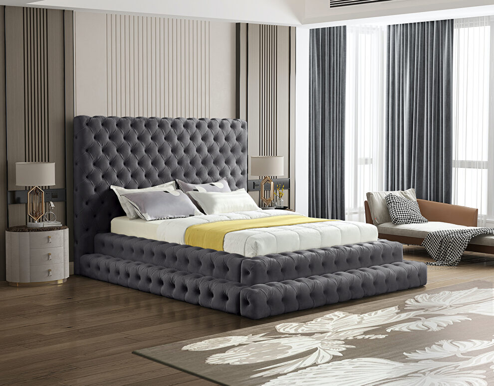 Gray velvet tiered design tufted contemporary bed by Meridian