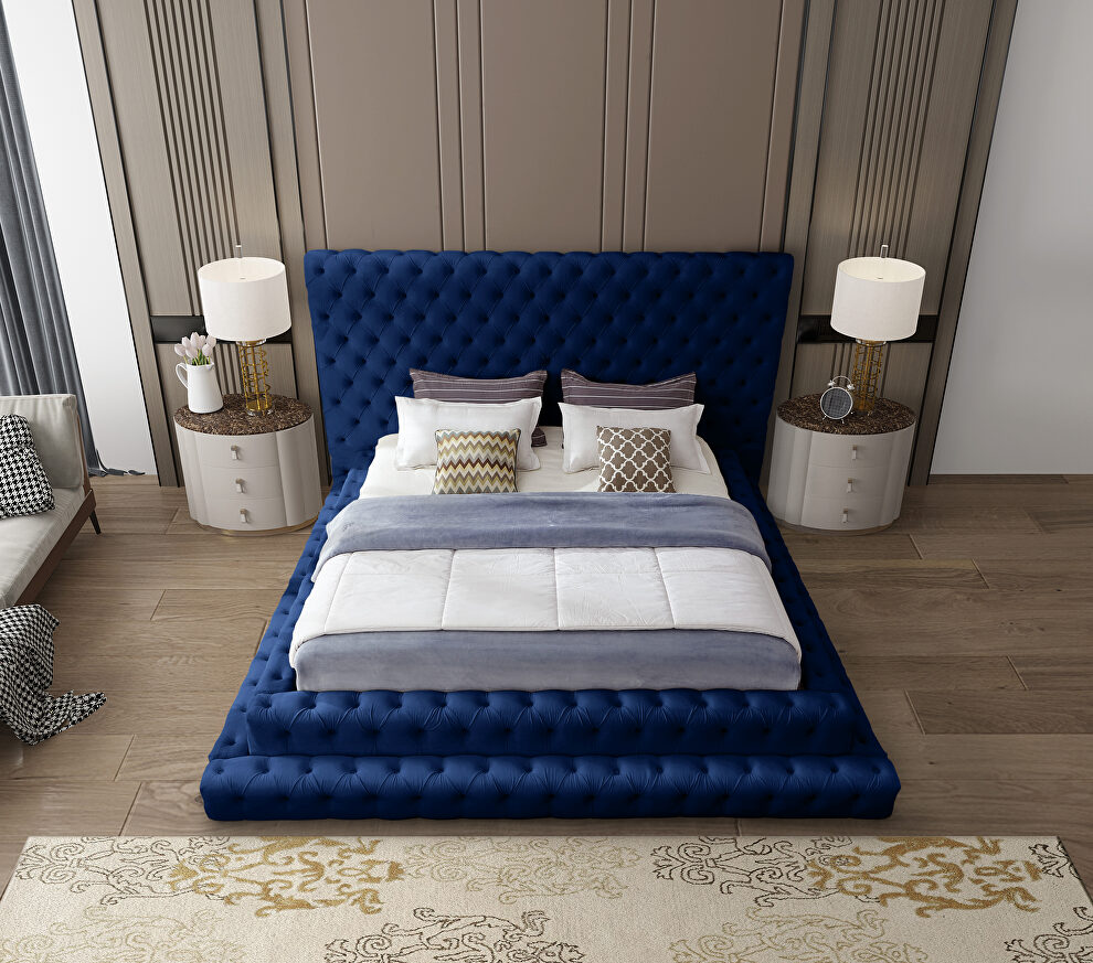 Navy velvet tiered design tufted contemporary king bed by Meridian