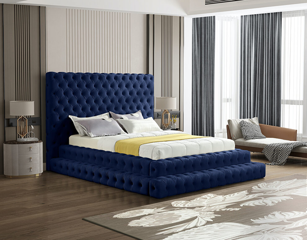 Navy velvet tiered design tufted contemporary bed by Meridian