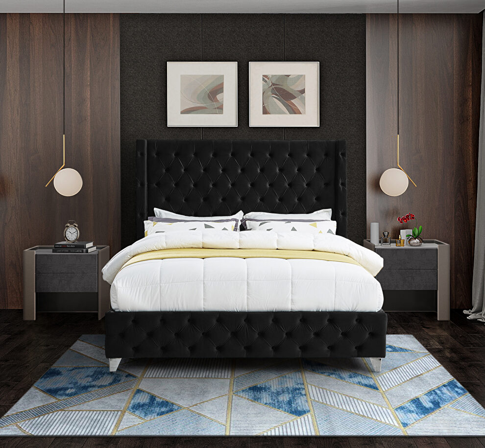 Black velvet deep button tufted velvet fabric king bed by Meridian