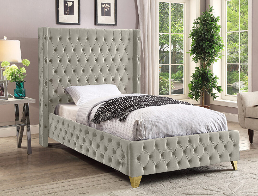 Cream velvet deep button tufted velvet fabric twin bed by Meridian