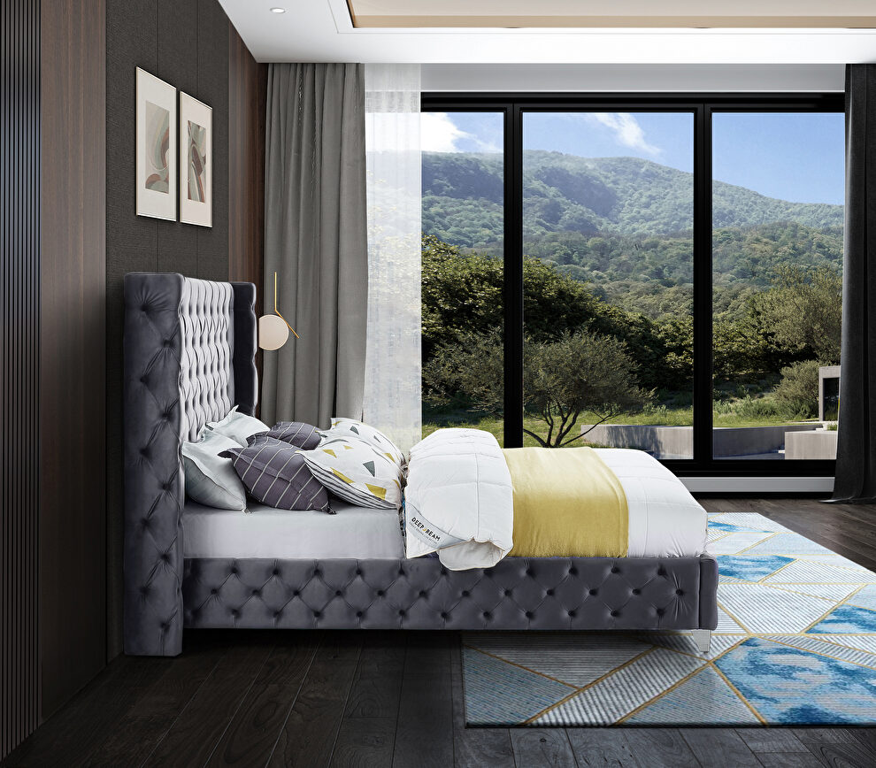 Gray velvet deep button tufted velvet fabric full bed by Meridian