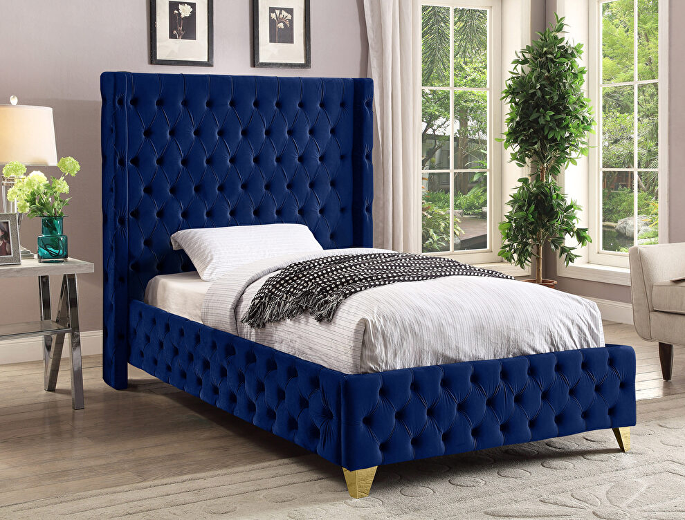 Navy blue velvet deep button tufted velvet fabric twin bed by Meridian