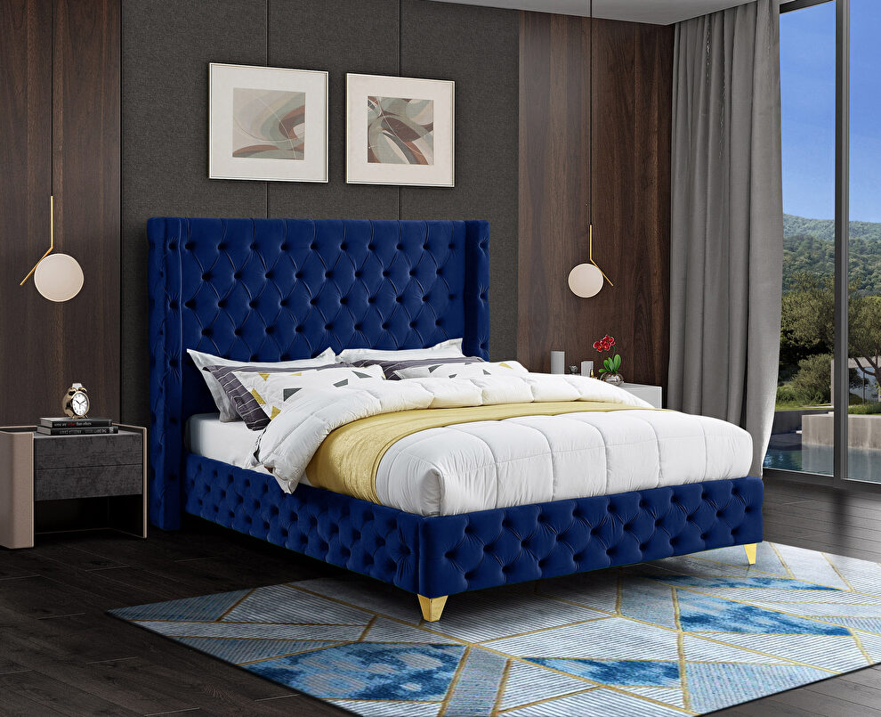Navy blue velvet deep button tufted velvet fabric bed by Meridian