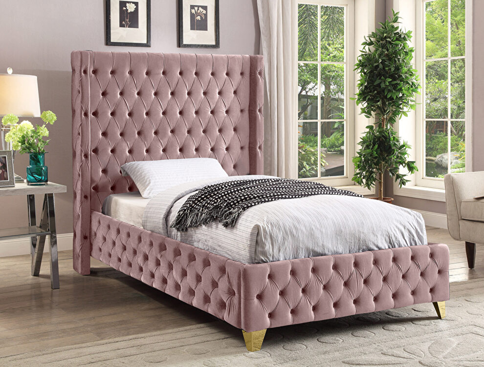 Pink velvet deep button tufted velvet fabric twin bed by Meridian