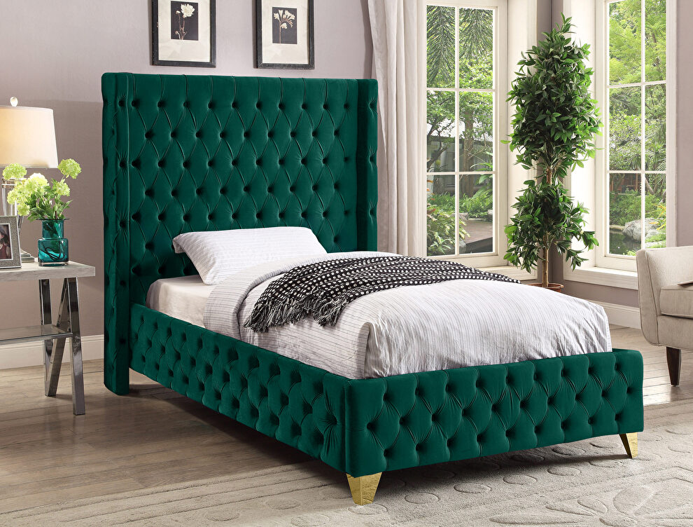 Green velvet deep button tufted velvet fabric twin bed by Meridian