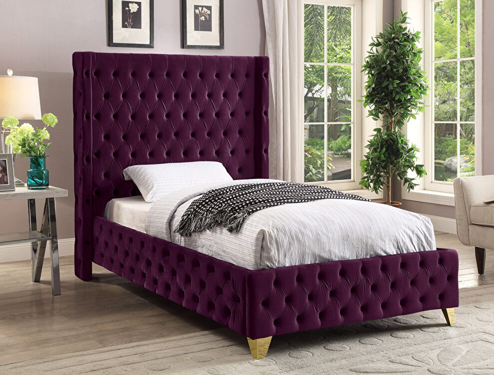 Purple velvet deep button tufted velvet fabric twin bed by Meridian