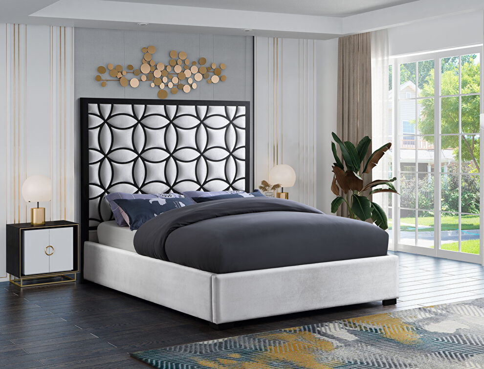 White velvet / black steel frame modern bed by Meridian