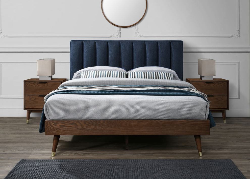 Mid-century design walnut / navy fabric king bed by Meridian
