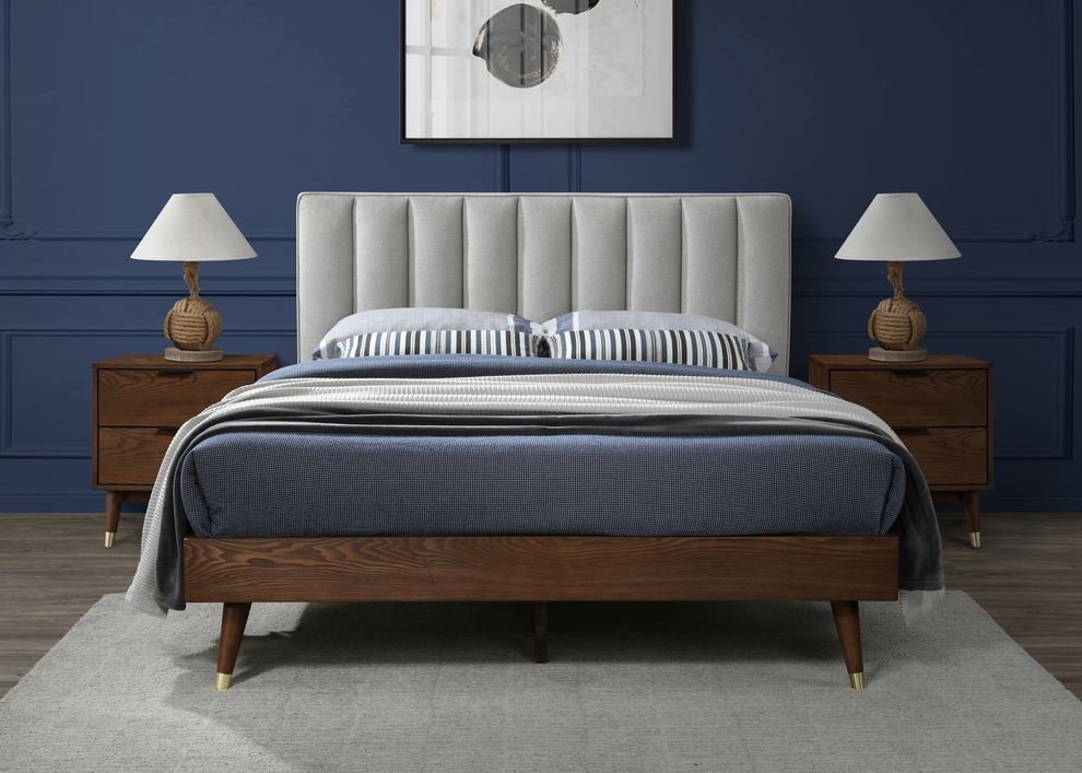 Mid-century design walnut / beige fabric king bed by Meridian