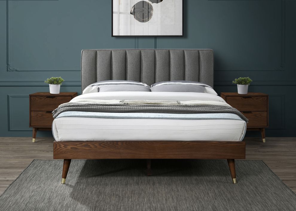 Mid-century design walnut / gray fabric king bed by Meridian