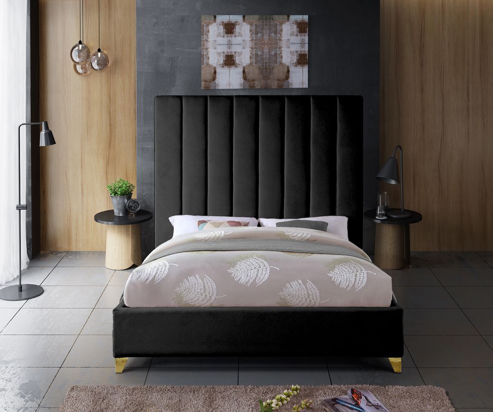 Modern black velvet platform king bed by Meridian