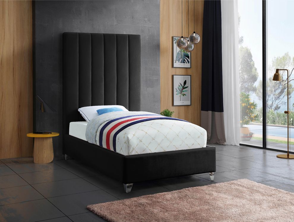 Modern black velvet platform twin bed by Meridian