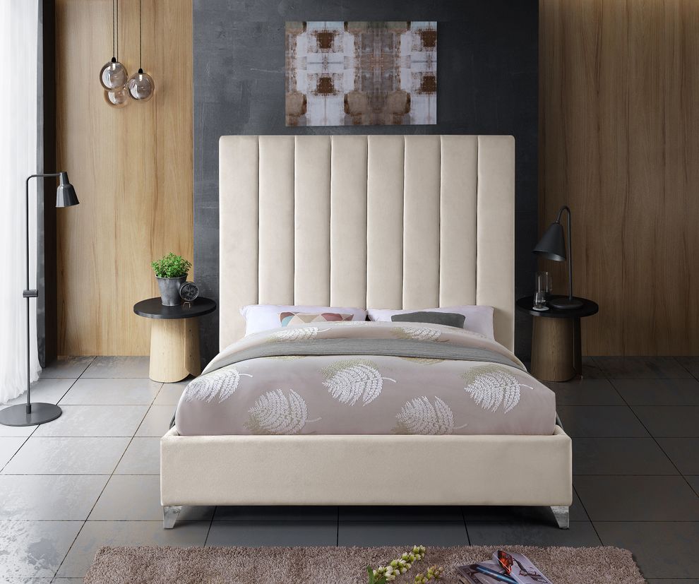 Modern cream velvet platform full bed by Meridian
