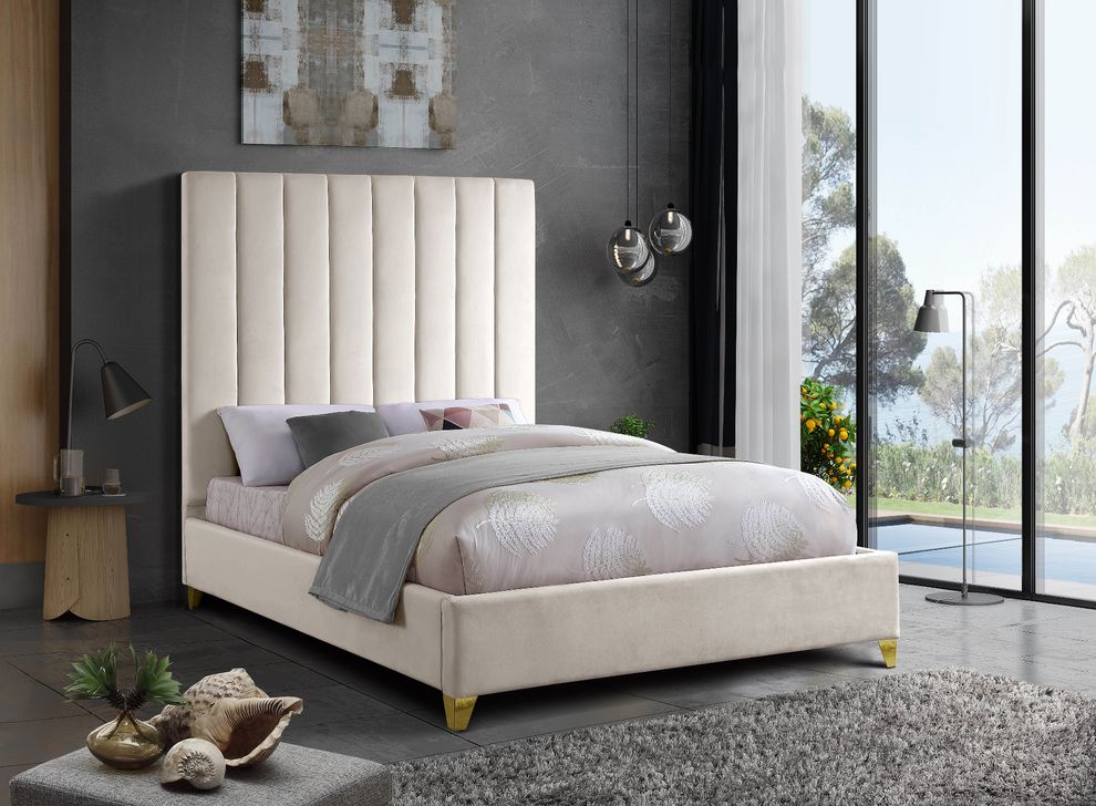 Modern cream velvet platform king bed by Meridian