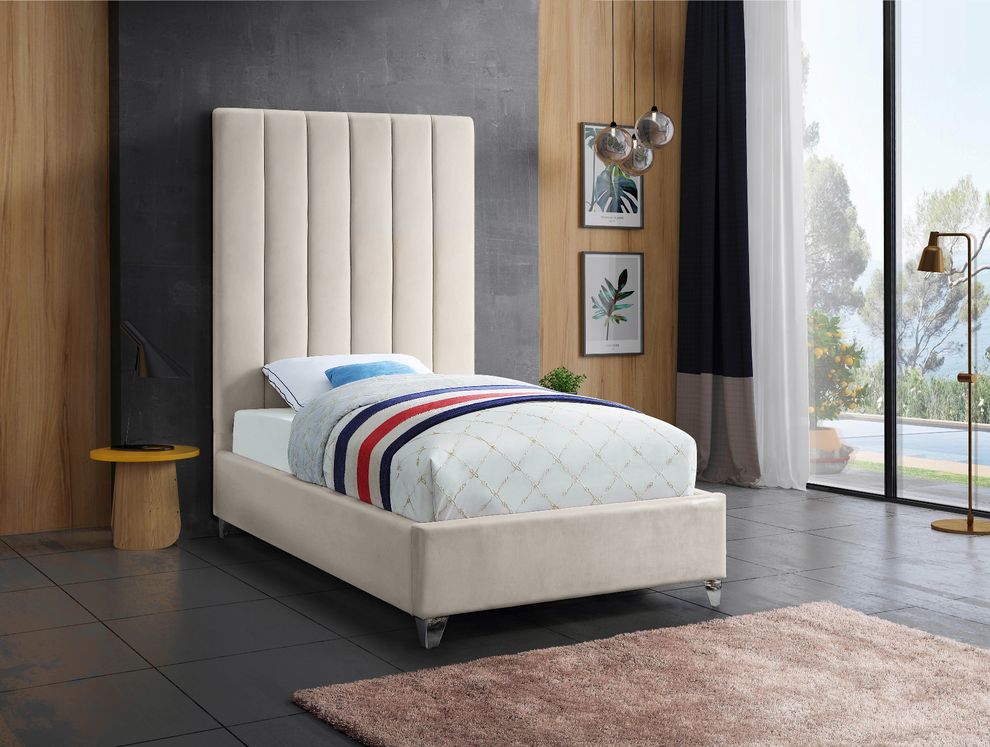 Modern cream velvet platform twin bed by Meridian