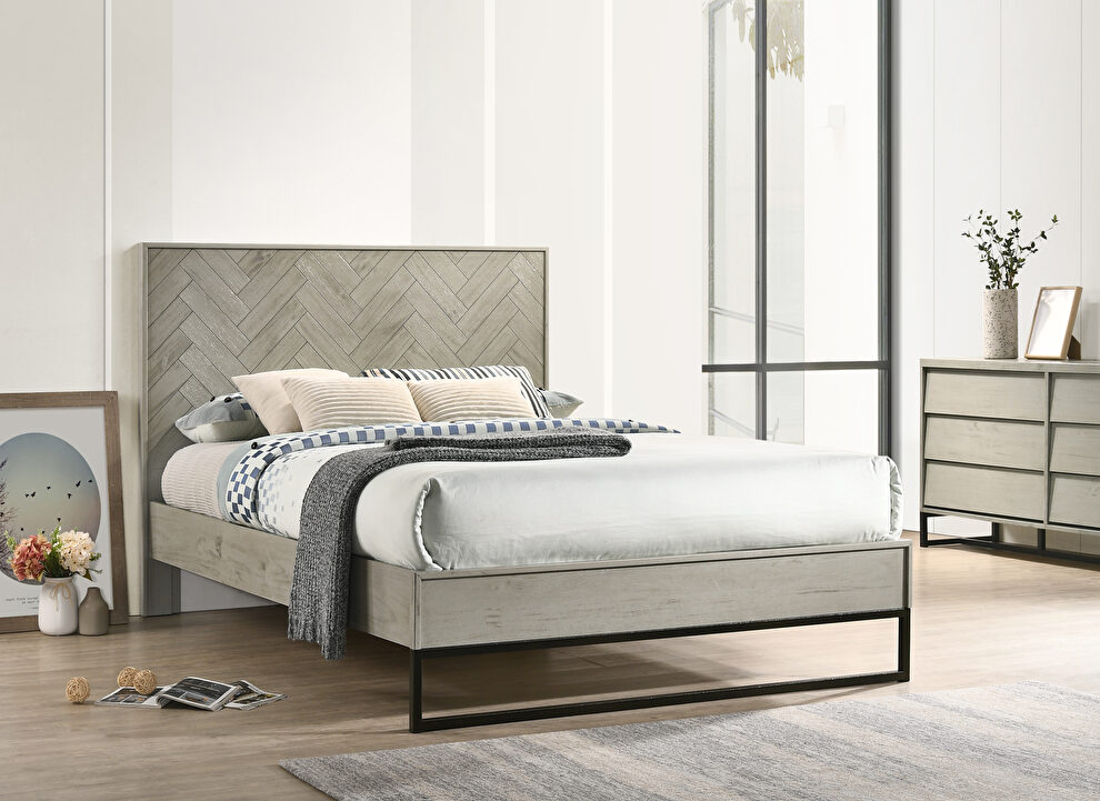 Industrial gray stone mid-century style king bed by Meridian