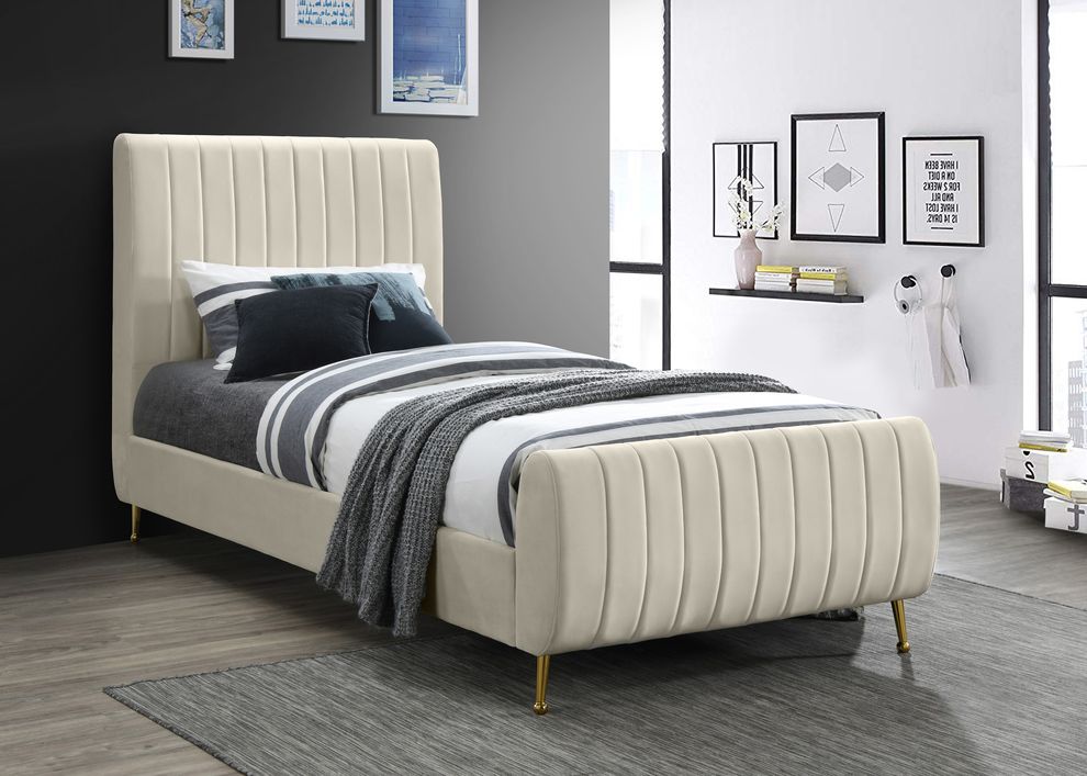 Contemporary cream velvet bed w/ channel tufting by Meridian
