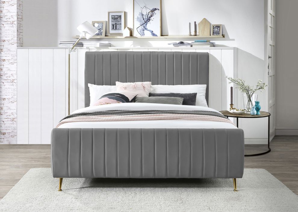 Contemporary gray velvet bed w/ channel tufting by Meridian
