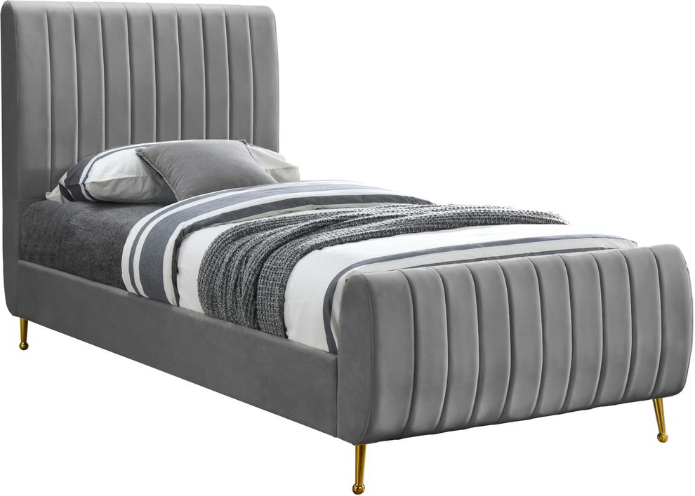 Contemporary gray velvet bed w/ channel tufting by Meridian