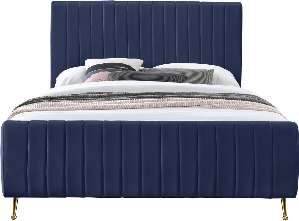 Contemporary navy velvet bed w/ channel tufting by Meridian