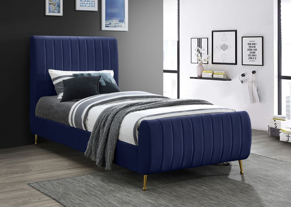Contemporary navy velvet bed w/ channel tufting by Meridian